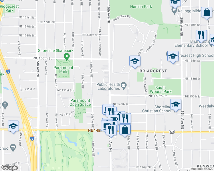 map of restaurants, bars, coffee shops, grocery stores, and more near 15211 15th Avenue Northeast in Shoreline