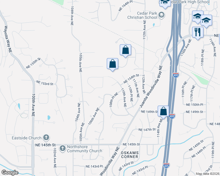 map of restaurants, bars, coffee shops, grocery stores, and more near 10811 Northeast 154th Court in Bothell