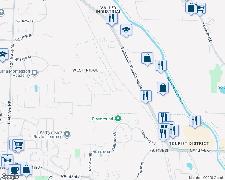 map of restaurants, bars, coffee shops, grocery stores, and more near 15418 135th Place Northeast in Woodinville