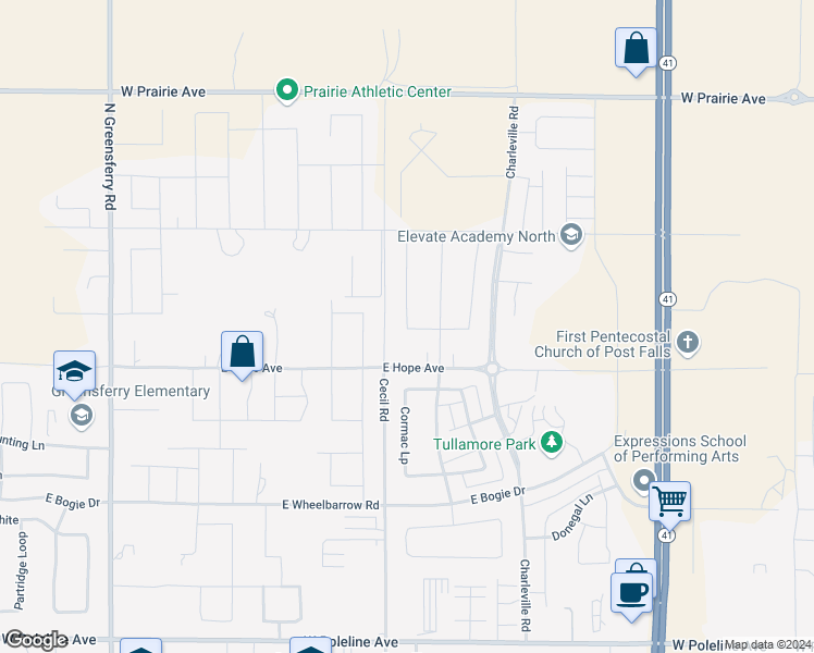 map of restaurants, bars, coffee shops, grocery stores, and more near North McMullen Drive in Post Falls