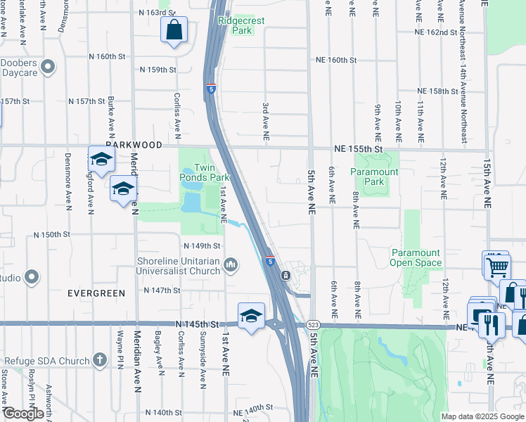 map of restaurants, bars, coffee shops, grocery stores, and more near 15121 3rd Avenue Northeast in Shoreline