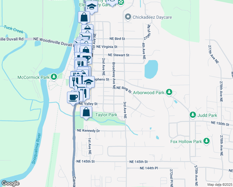 map of restaurants, bars, coffee shops, grocery stores, and more near 26709 Northeast Ring Street in Duvall
