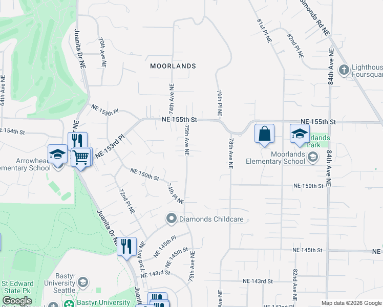 map of restaurants, bars, coffee shops, grocery stores, and more near 15058 75th Avenue Northeast in Kenmore