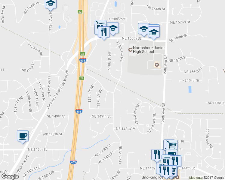 map of restaurants, bars, coffee shops, grocery stores, and more near 11814 Northeast 153rd Street in Kirkland