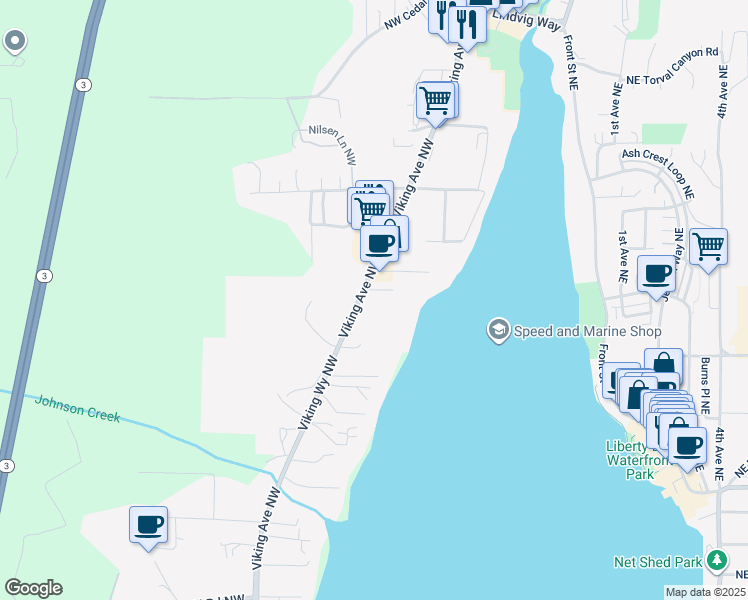 map of restaurants, bars, coffee shops, grocery stores, and more near 19352 Viking Avenue Northwest in Poulsbo