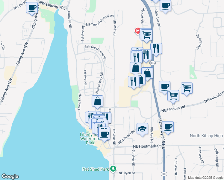 map of restaurants, bars, coffee shops, grocery stores, and more near 19392 Willet Lane in Poulsbo