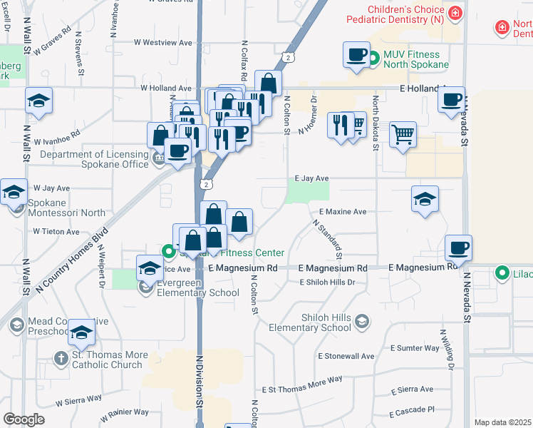 map of restaurants, bars, coffee shops, grocery stores, and more near 8819 North Colton Street in Spokane