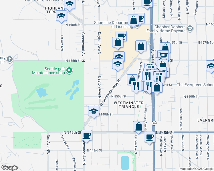 map of restaurants, bars, coffee shops, grocery stores, and more near 15036 Dayton Avenue North in Shoreline