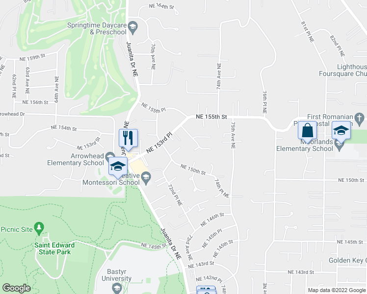 map of restaurants, bars, coffee shops, grocery stores, and more near 15205 71st Place Northeast in Kenmore