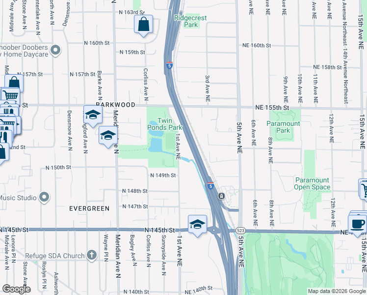 map of restaurants, bars, coffee shops, grocery stores, and more near 14900 1st Avenue Northeast in Shoreline