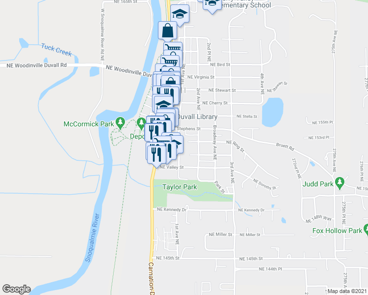 map of restaurants, bars, coffee shops, grocery stores, and more near 15320 1st Avenue Northeast in Duvall
