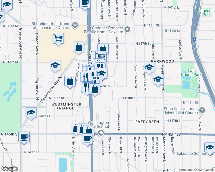 map of restaurants, bars, coffee shops, grocery stores, and more near 1282 North 152nd Street in Shoreline