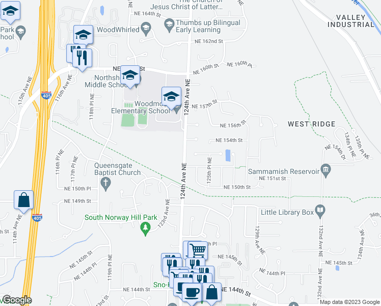 map of restaurants, bars, coffee shops, grocery stores, and more near 12402 Northeast 153rd Place in Woodinville