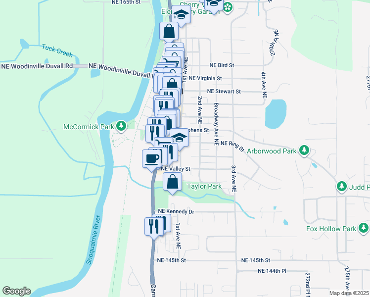 map of restaurants, bars, coffee shops, grocery stores, and more near 15320 1st Avenue Northeast in Duvall