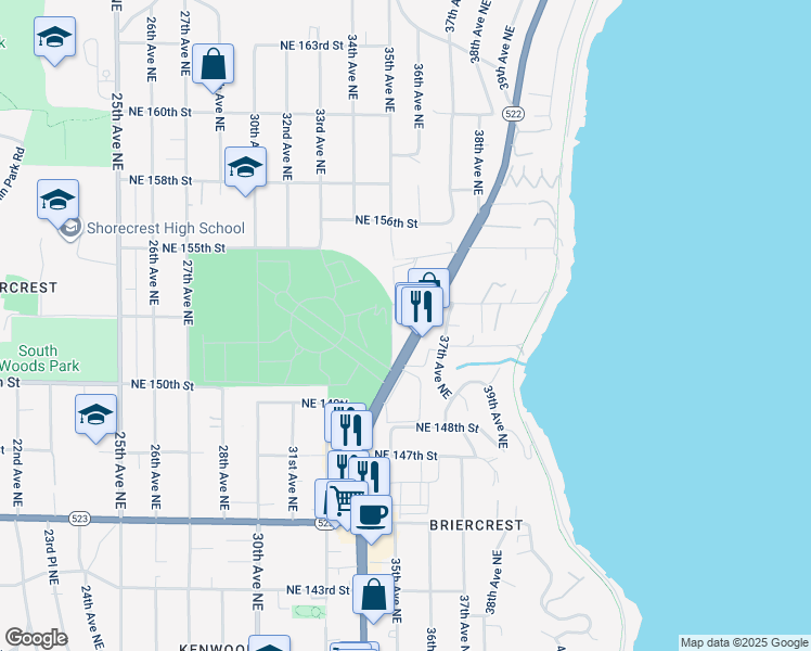 map of restaurants, bars, coffee shops, grocery stores, and more near 15029 Bothell Way Northeast in Lake Forest Park
