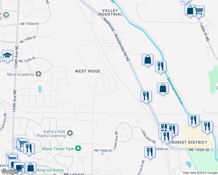 map of restaurants, bars, coffee shops, grocery stores, and more near 15414 134th Place Northeast in Woodinville