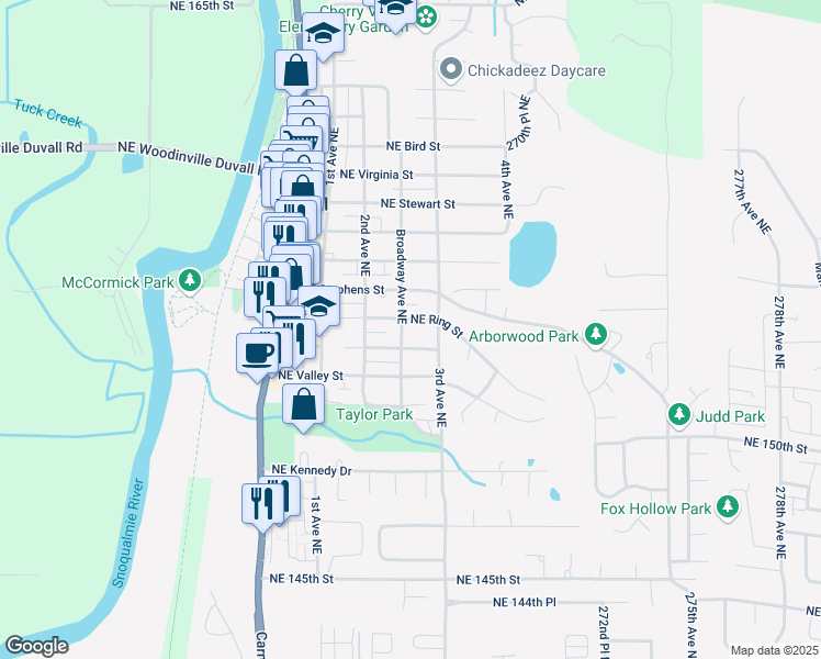 map of restaurants, bars, coffee shops, grocery stores, and more near 26709 Northeast Ring Street in Duvall