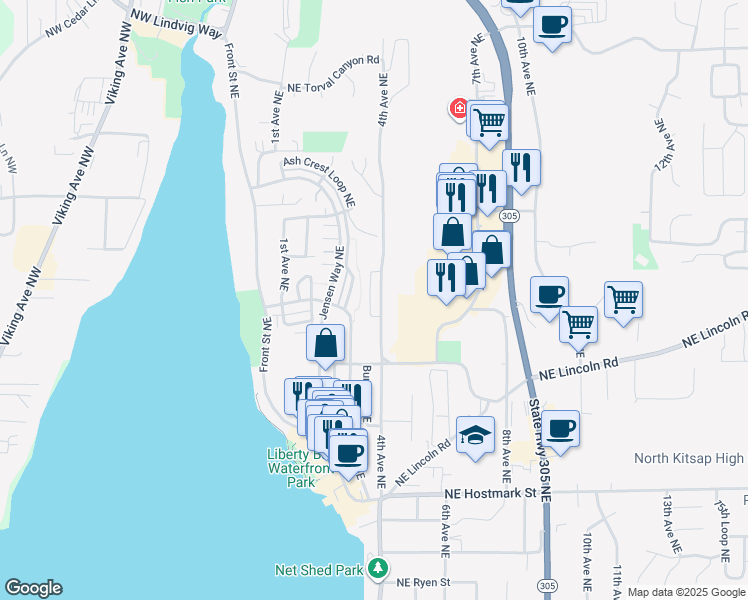 map of restaurants, bars, coffee shops, grocery stores, and more near 19392 Willet Lane in Poulsbo