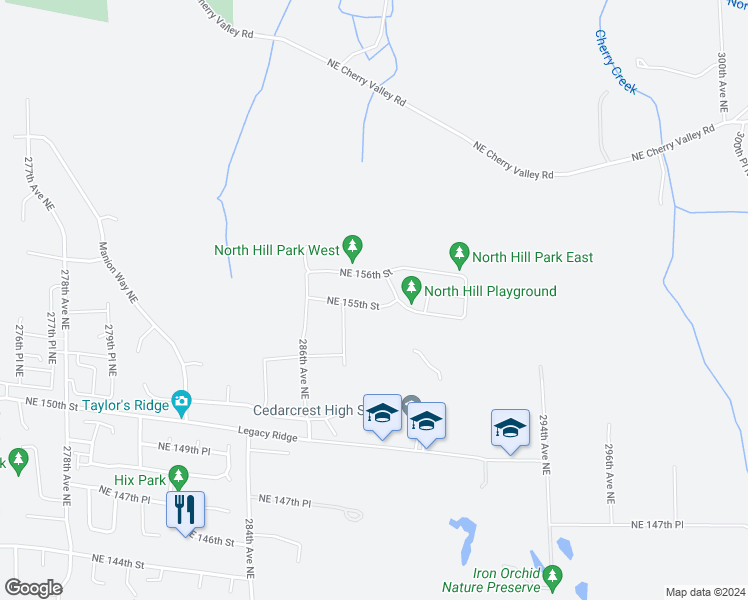 map of restaurants, bars, coffee shops, grocery stores, and more near 29022 Northeast 155th Street in Duvall