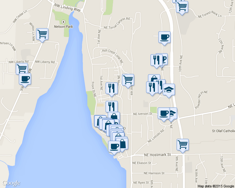 map of restaurants, bars, coffee shops, grocery stores, and more near 19400 Jensen Way Northeast in Poulsbo