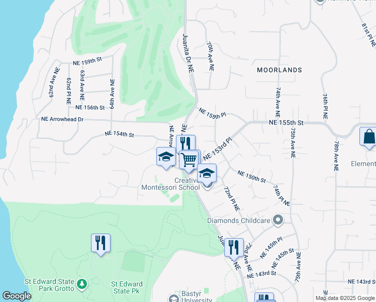 map of restaurants, bars, coffee shops, grocery stores, and more near 15310 Juanita Drive Northeast in Kenmore