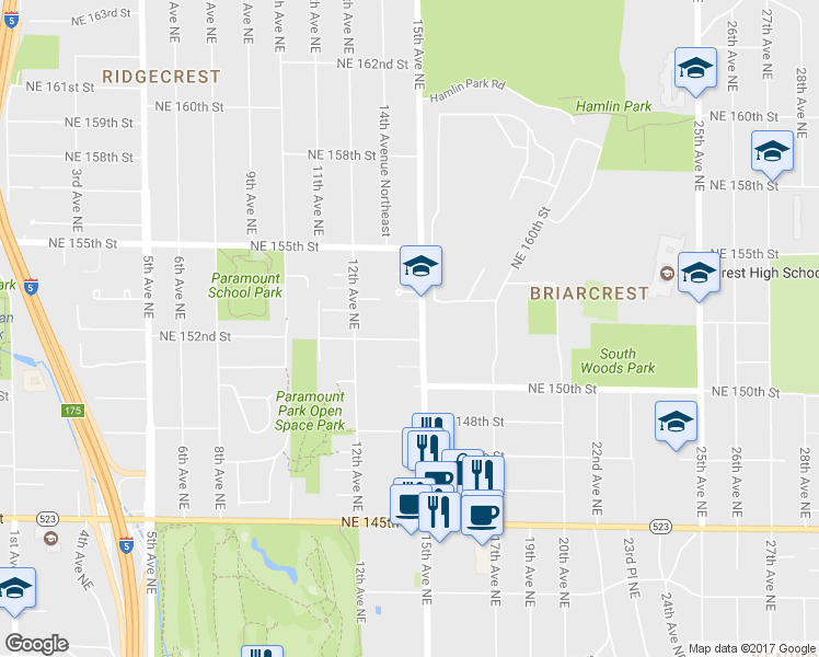 map of restaurants, bars, coffee shops, grocery stores, and more near 15211 15th Avenue Northeast in Shoreline
