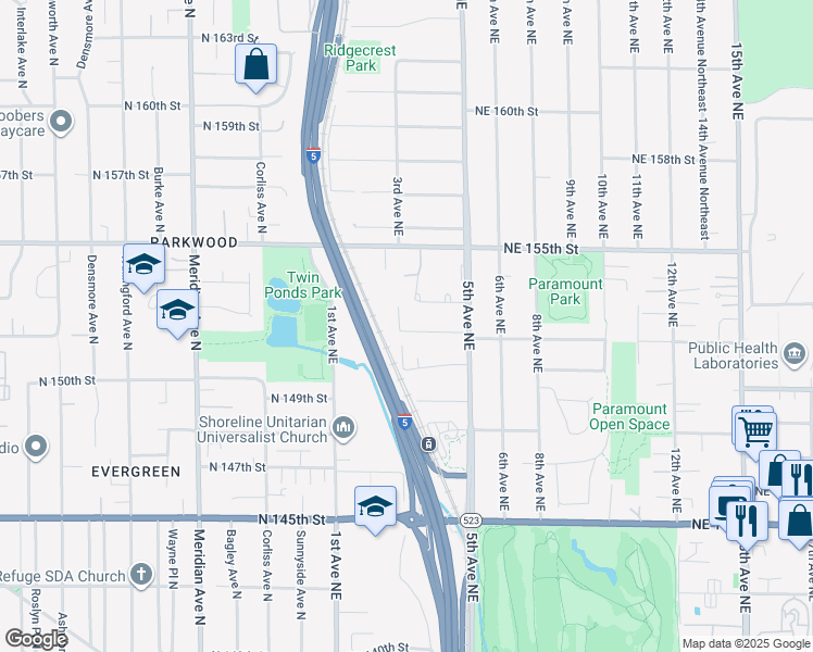 map of restaurants, bars, coffee shops, grocery stores, and more near 15121 3rd Avenue Northeast in Shoreline