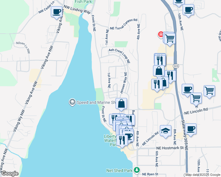 map of restaurants, bars, coffee shops, grocery stores, and more near 19442 1st Avenue Northeast in Poulsbo