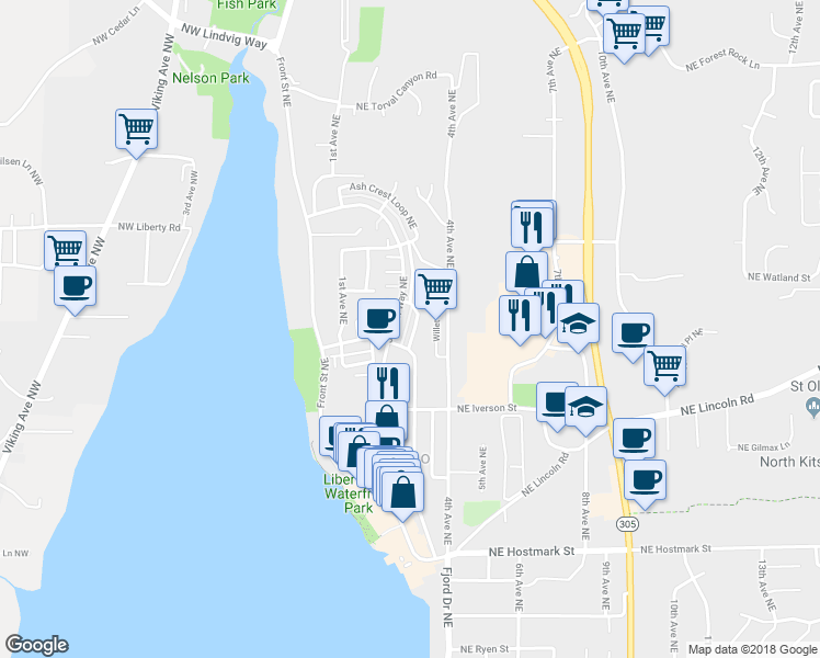 map of restaurants, bars, coffee shops, grocery stores, and more near 19455 Scoter Lane Northeast in Poulsbo