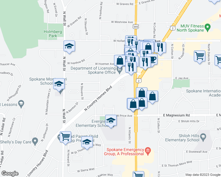 map of restaurants, bars, coffee shops, grocery stores, and more near 9001 North Country Homes Boulevard in Spokane
