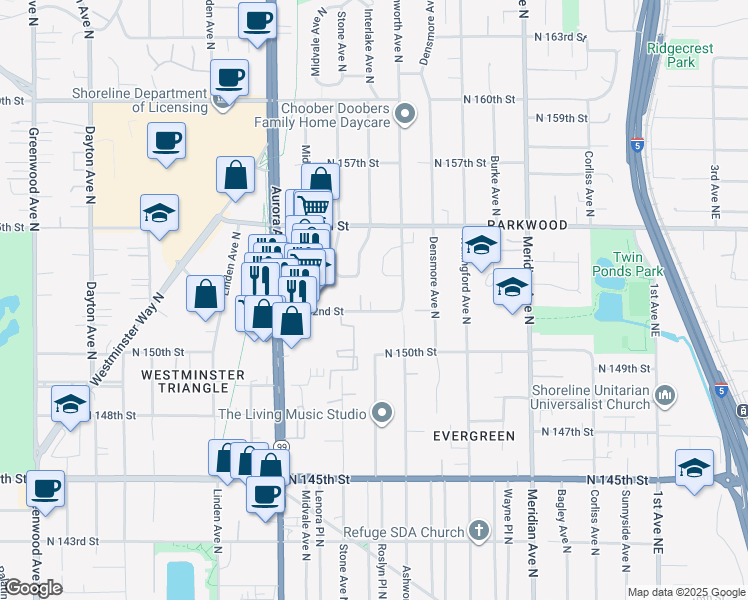 map of restaurants, bars, coffee shops, grocery stores, and more near 15202 Interlake Court North in Shoreline