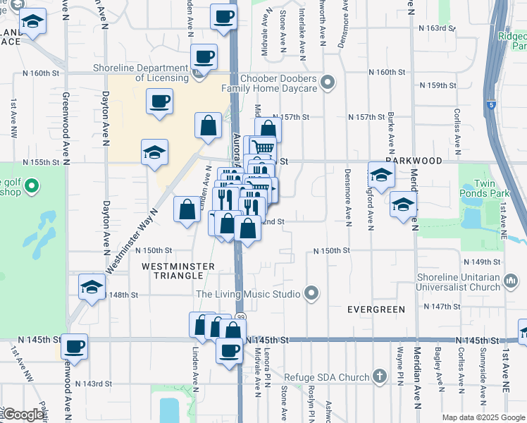 map of restaurants, bars, coffee shops, grocery stores, and more near in Shoreline