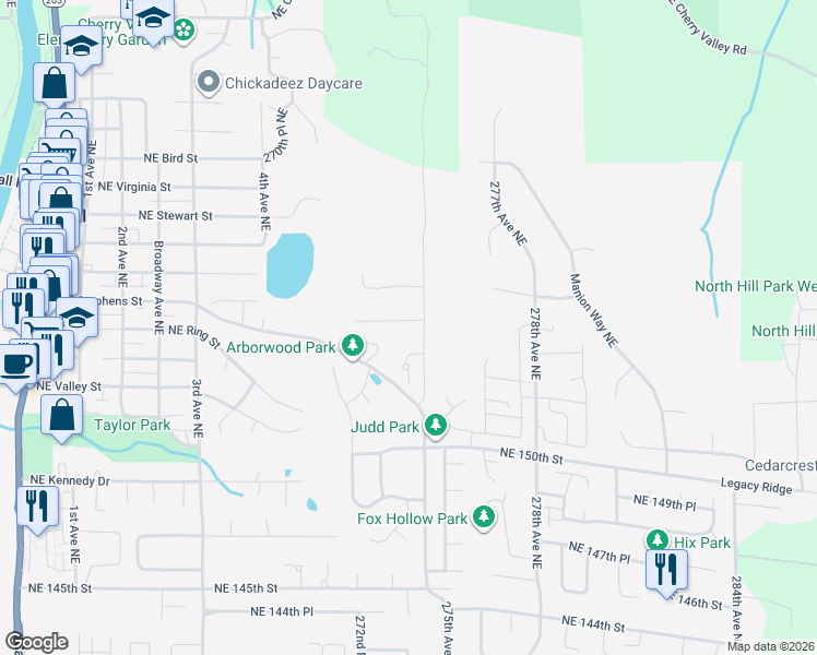 map of restaurants, bars, coffee shops, grocery stores, and more near 27423 Northeast 153rd Place in Duvall