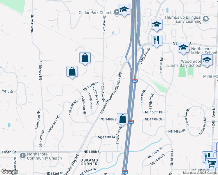 map of restaurants, bars, coffee shops, grocery stores, and more near 15304 111th Avenue Northeast in Bothell