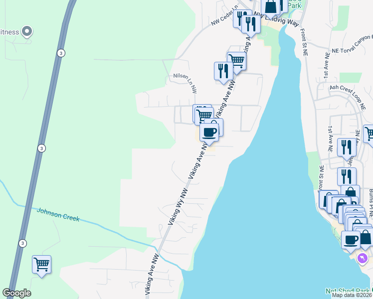 map of restaurants, bars, coffee shops, grocery stores, and more near 19379 Viking Avenue Northwest in Poulsbo