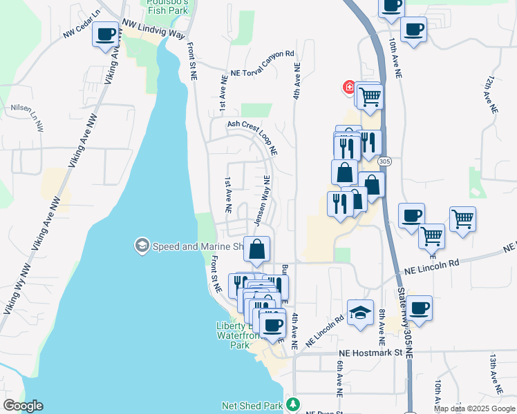 map of restaurants, bars, coffee shops, grocery stores, and more near 19400 Jensen Way Northeast in Poulsbo