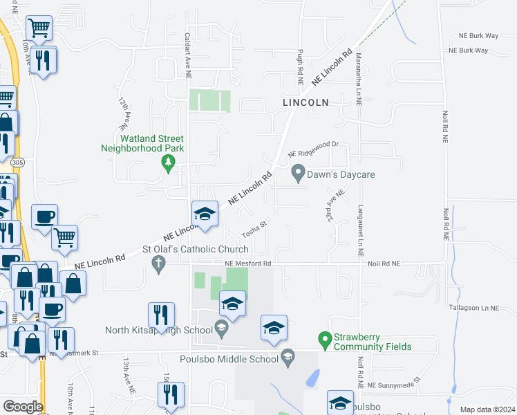 map of restaurants, bars, coffee shops, grocery stores, and more near 19465 Northeast Norrland Lane in Poulsbo
