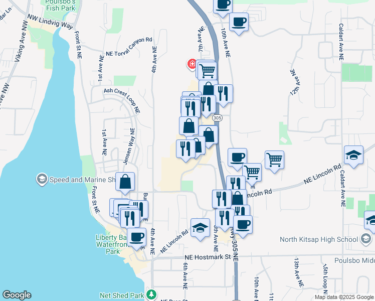 map of restaurants, bars, coffee shops, grocery stores, and more near 19367 7th Avenue Northeast in Poulsbo