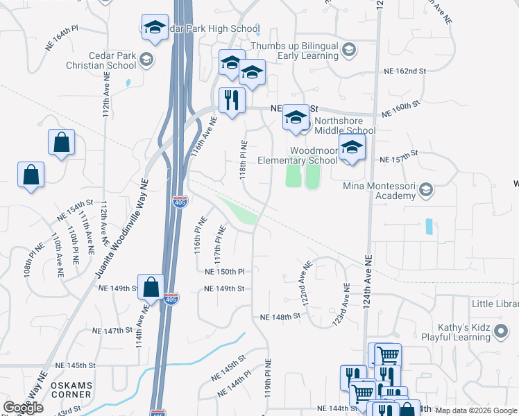 map of restaurants, bars, coffee shops, grocery stores, and more near 11814 Northeast 153rd Street in Kirkland