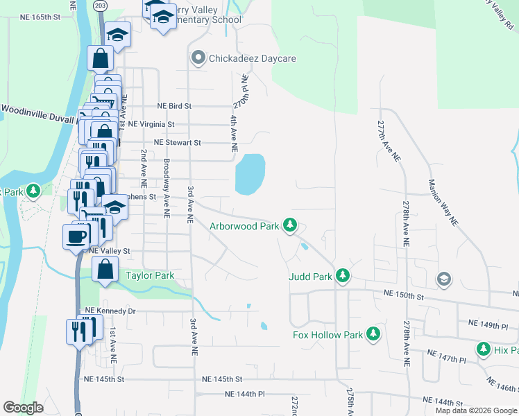 map of restaurants, bars, coffee shops, grocery stores, and more near 15241 272nd Place Northeast in Duvall