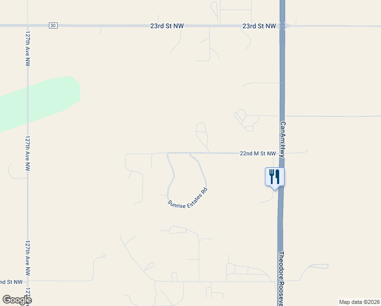 map of restaurants, bars, coffee shops, grocery stores, and more near 22nd M Street Northwest in Watford City