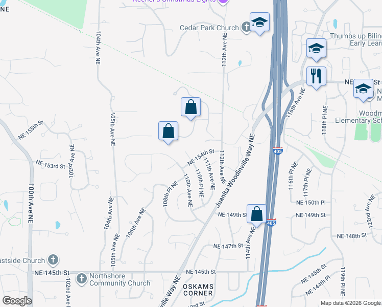 map of restaurants, bars, coffee shops, grocery stores, and more near 15412 110th Place Northeast in Bothell