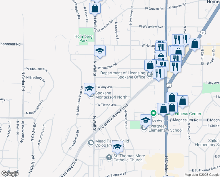 map of restaurants, bars, coffee shops, grocery stores, and more near 507 West Jay Avenue in Spokane