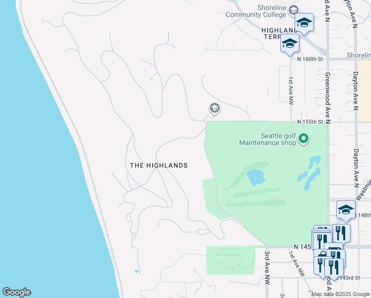 map of restaurants, bars, coffee shops, grocery stores, and more near in Shoreline