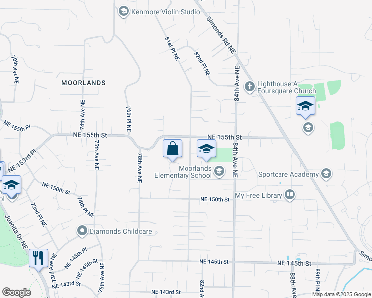 map of restaurants, bars, coffee shops, grocery stores, and more near 15335 81st Avenue Northeast in Kenmore