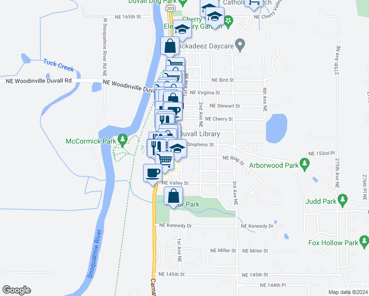 map of restaurants, bars, coffee shops, grocery stores, and more near 26431 Northeast Stephens Street in Duvall