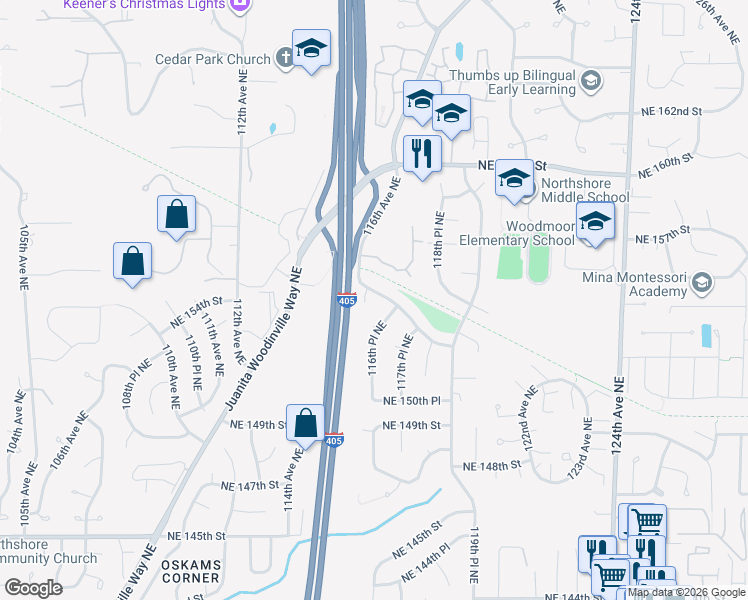 map of restaurants, bars, coffee shops, grocery stores, and more near 11611 Northeast 155th Street in Bothell