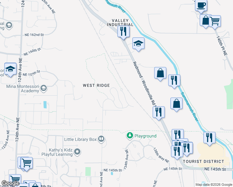 map of restaurants, bars, coffee shops, grocery stores, and more near 15602 134th Place Northeast in Woodinville