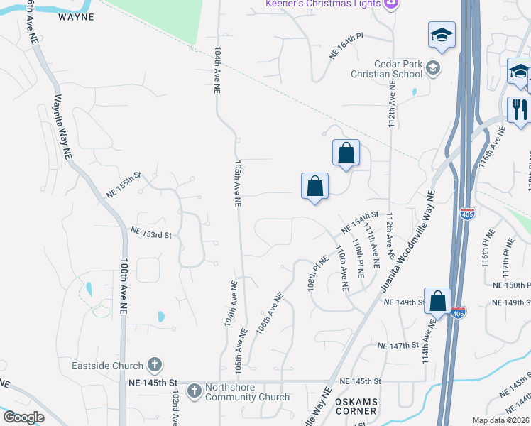 map of restaurants, bars, coffee shops, grocery stores, and more near 10611 Northeast 155th Place in Bothell