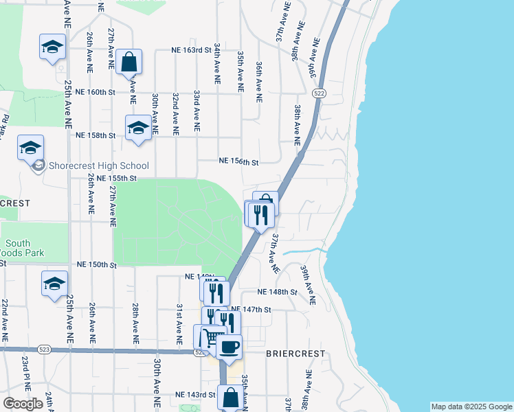 map of restaurants, bars, coffee shops, grocery stores, and more near 3605 Northeast 155th Street in Lake Forest Park